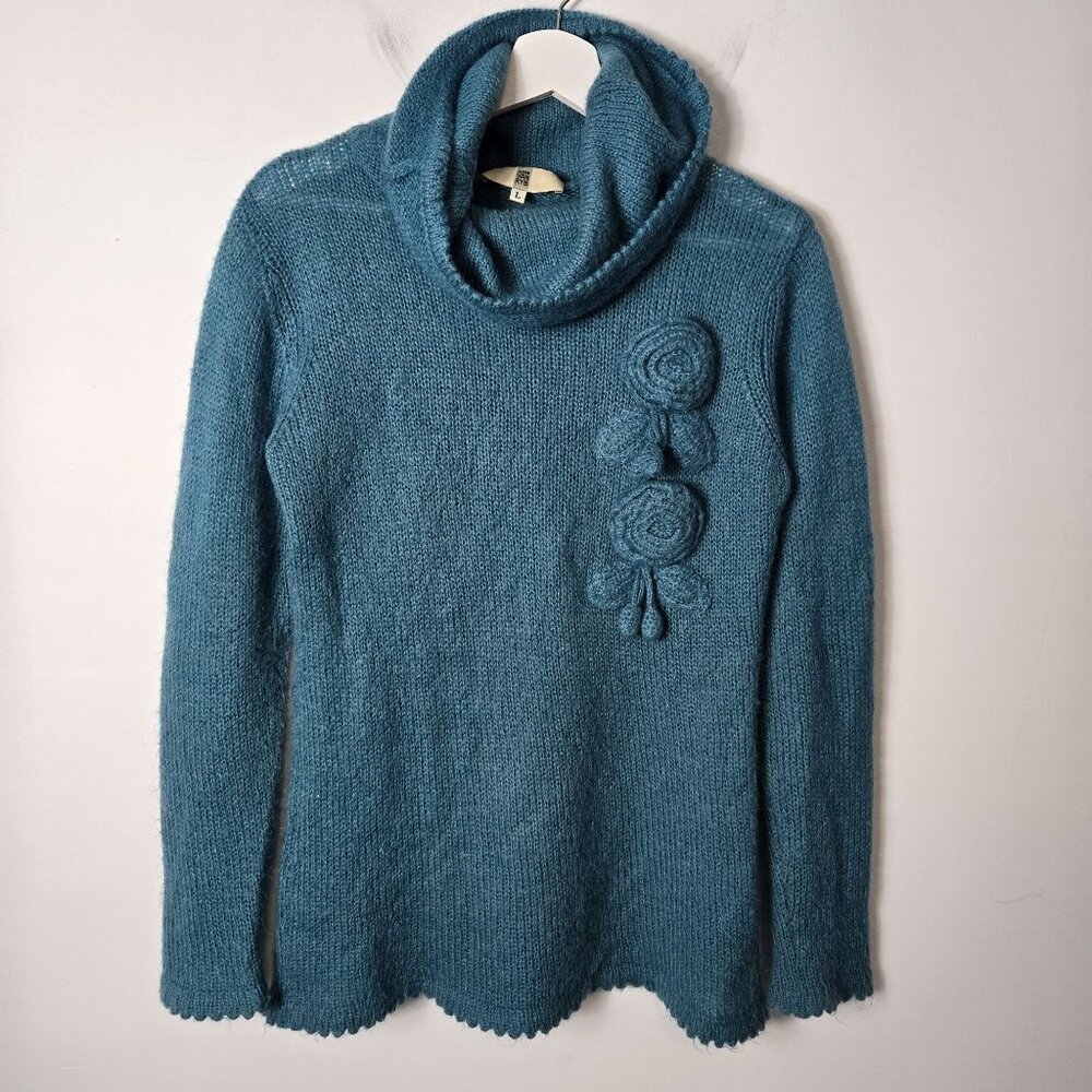 Irene Van Ryb Size L Mohair Blend Cowl Neck Teal Fuzzy Sweater Women's